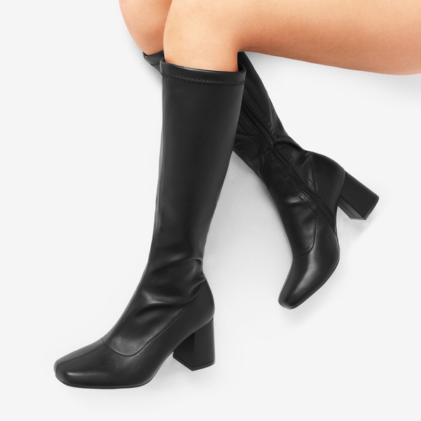 Desire Square Toe Chunky Knee High Gogo Boots - BLACK PU - 1